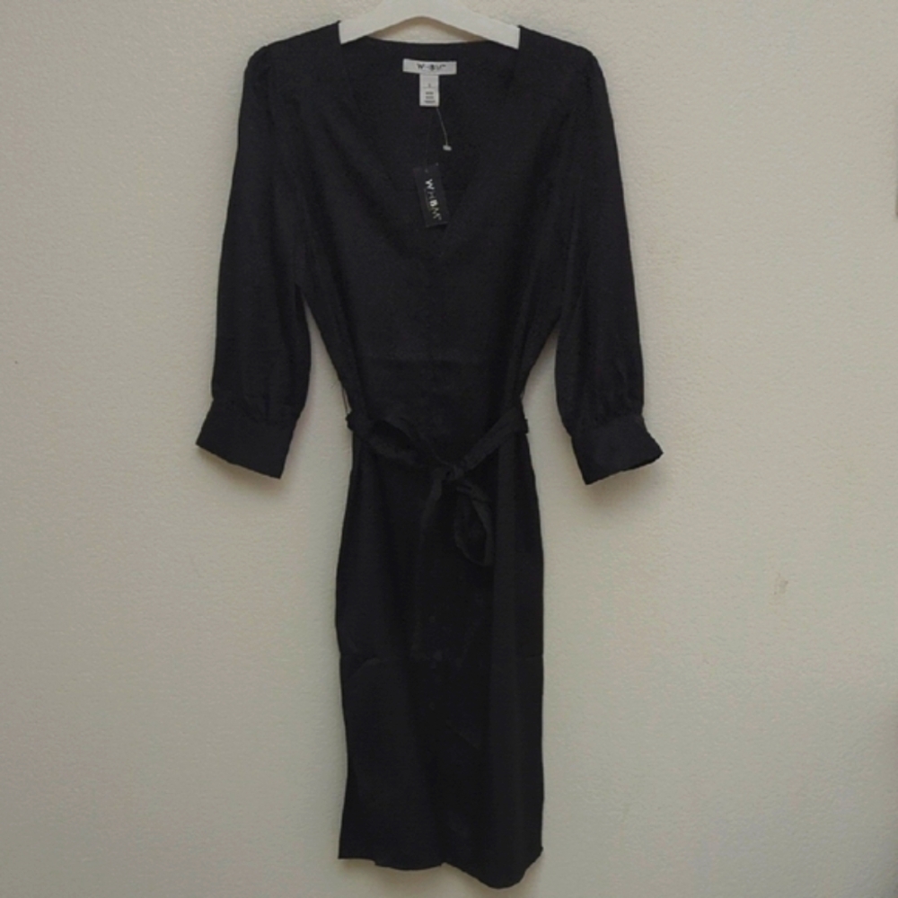 NWT White House Black Market Black Midi Sheath Dress with Bishop Sleeves